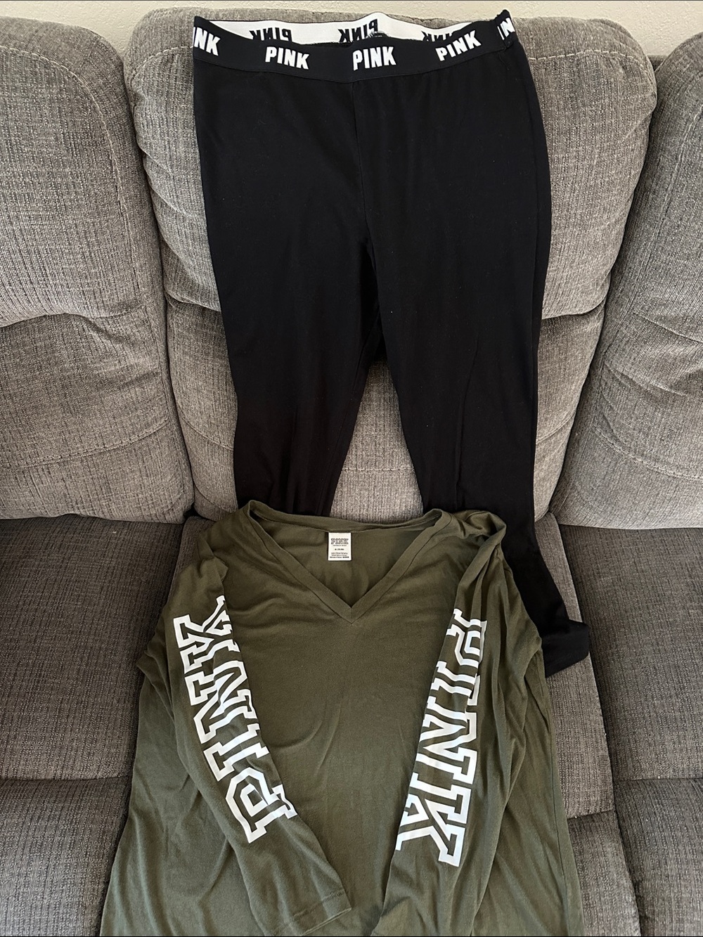 PINK Victoria's Secret Black Leggings with Olive Green PINK Long Sleeve Top